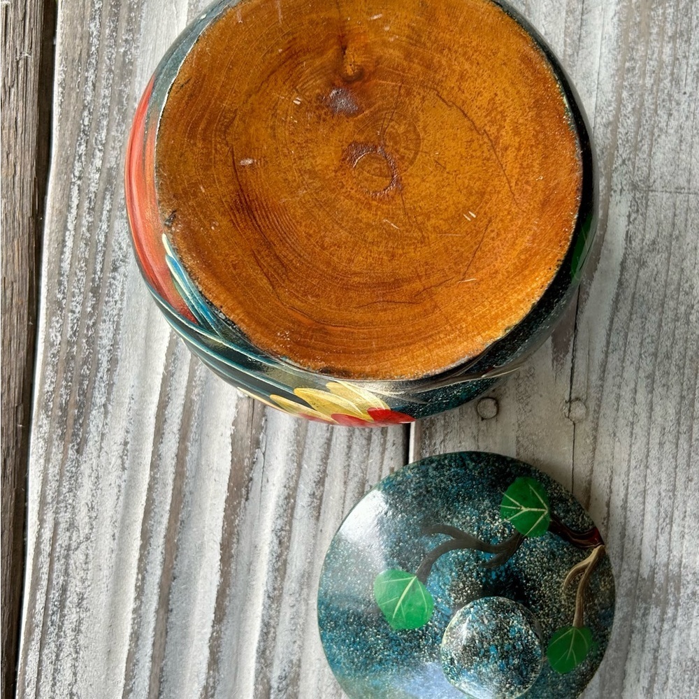 Hand Painted Wooden Jar with Red Macaw Parrot and Tree Design against a Dark Sky - Picture 6 of 11